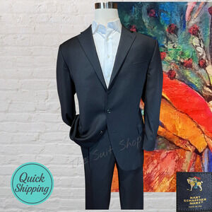 Hart Schaffner Marx 48R 42x30 Solid Black Quality 2 Piece Suit